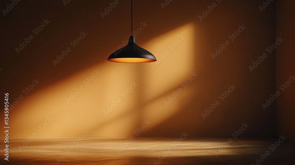 Poster A solitary pendant light hangs from the ceiling, casting a warm glow on a smooth floor. Gentle shadows form on the walls, creating a calm and inviting atmosphere in a softly lit room