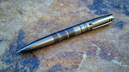 A closeup image displays a metallic pen resting on a stone surface