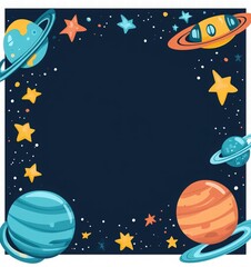 Naklejka premium cute space adventure. illustration with planets, spaceship, and stars in kawaii doodle style on a dark blue background with white outlines, perfect for children's books, posters
