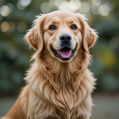 A golden retriever sitting and looking with a bright expression