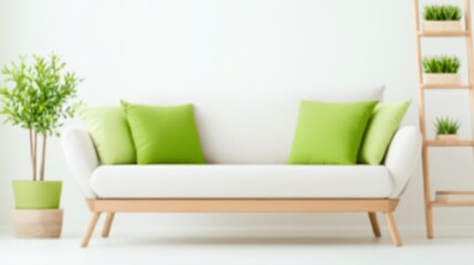 A modern, minimalist living room featuring a white sofa with green cushions and a potted plant, creating a fresh, inviting atmosphere.