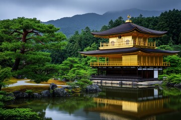 Naklejka premium A minimalist Japanese Zen-style composition featuring only the essential lines and reflections of the Golden Pavilion