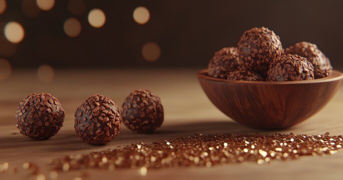 Delicious homemade chocolate truffles coated in crunchy chocolate sprinkles in a wooden bowl with warm bokeh background perfect for dessert lovers
