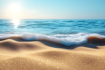 Obraz premium Serene Beach Scene Ocean Wave Crashing on Golden Sand at Sunset