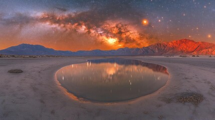 Naklejka premium Milky Way Galaxy over Desert Lake at Sunset