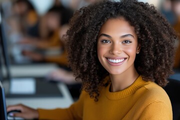 Female student engaged in typing at university computer lab with fellow students focused on their work