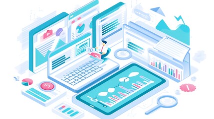 Data analysis, digital workplace,  man working on laptop surrounded by digital devices and charts.