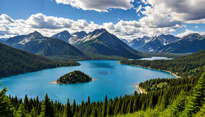 Le paysage montagneux avec un lac bleu et des arbres verts