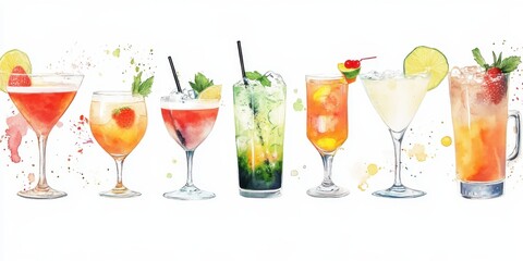 Cocktail Collection: A vibrant array of refreshing cocktail glasses. Each glass showcases unique ingredients, garnishes, and vibrant colours.