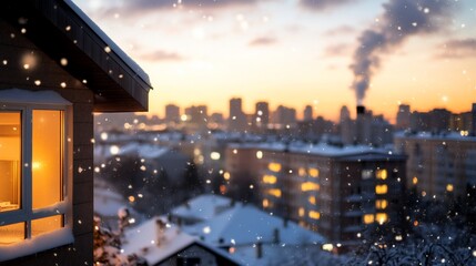 Fototapeta premium Snowy winter cityscape, warm home