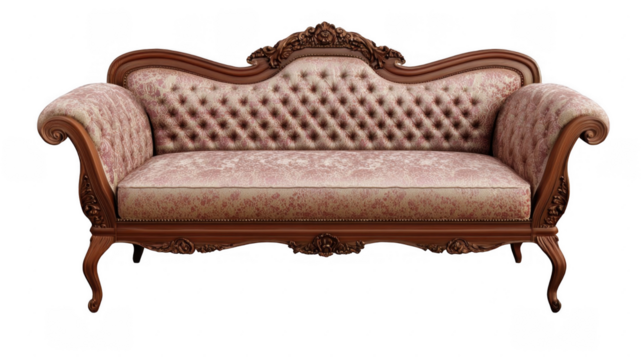 Elegant Vintage Sofa with Intricate Wooden Carvings and Upholstery