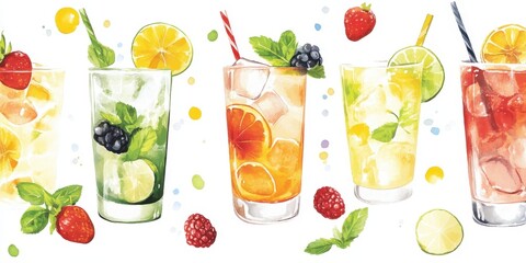 Cool Down: A vibrant illustration showcasing an array of refreshing beverages, each bursting with colorful fruits and fresh mint, perfect for a sunny day. 