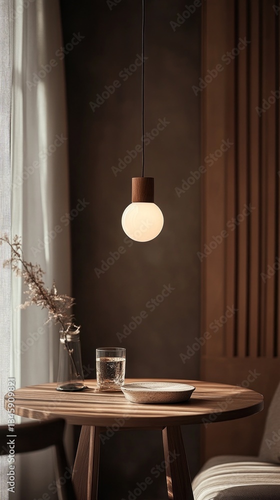 Poster a softly glowing pendant light hangs over a wooden table set with a glass of water and a simple dish