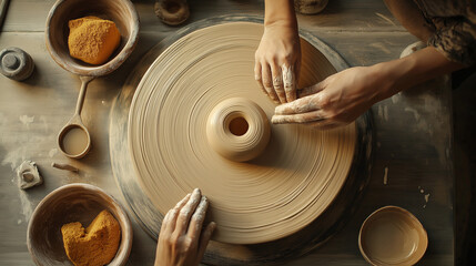 Fototapeta premium Top-down view of a potter’s wheel with a partially shaped clay vessel, artisan’s hands gently molding the piece. Wooden tools, sponges, and water bowls surround the workspace. Soft natural light.