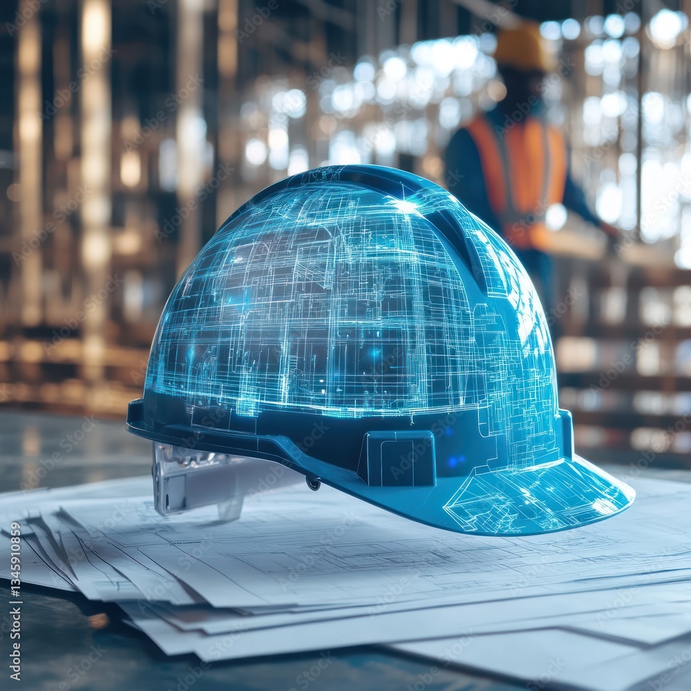Poster hard hat with digital blueprint overlay on blueprints, construction worker blurred in background.