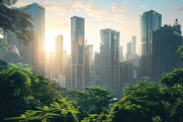 High Detail Picture of Sunlit Cityscape Tall Buildings and Greenery for Corporate Backgrounds