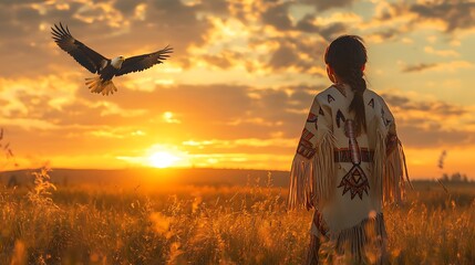 A young Native American boy wearing a traditional fringed tunic with intricate beadwork, standing proudly in a golden prairie at sunset, a majestic eagle soaring in the background,