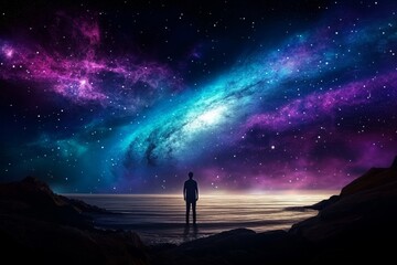 Fototapeta premium A person standing under the Northern Lights, absorbing the cosmic energy of the universe