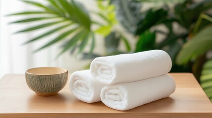 Three White Towels And A Bowl, Harmonious Scene With Green