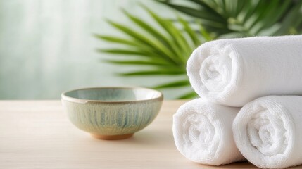 Three Rolled Towels Beside A Bowl With Lush Green Backdrop
