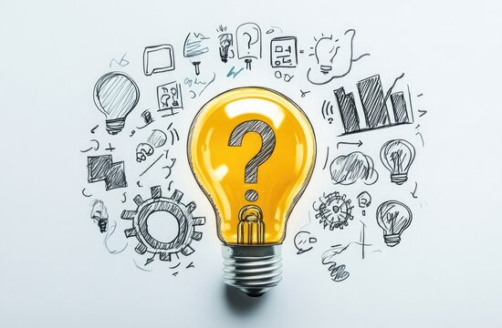 Problem-solving, brainstorming, and idea generation concept.  A central lightbulb with a question mark, surrounded by hand-drawn sketches of related concepts