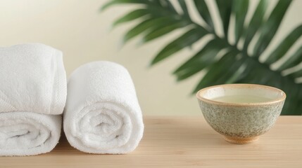 Relaxing Towels And Bowl With Lush Greenery Nearby