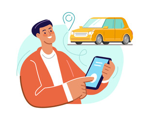 Calling car internet app. Client uses an online service to call taxi. Private transportation