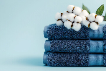 Three folded blue towels with a cotton branch on them on a light blue background. Demonstration of perfect cleanliness and care for linen. Natural and ecological fabrics.