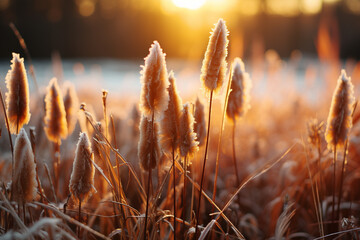 picturesque landscape comes alive with enchanting sight of a fall morning, as emerald blades of grass sparkle with delicate touch of first frost, while gentle rays of dawn cast a warm, ethereal glow, 