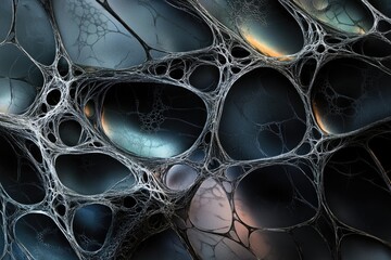 Intricate web-like structure, dark and glistening, with interconnected nodes and a complex network.