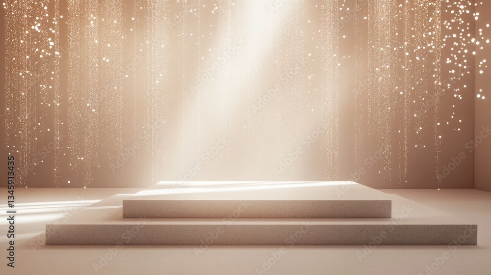 Poster soft light cascades down onto a platform surrounded by shimmering elements, setting a tranquil mood 
