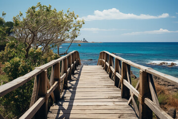 picturesque wooden footbridge gracefully harmonizes with its coastal backdrop, embodying perfect equilibrium between human ingenuity and preservation of Mother Nature, ultimately granting convenient a