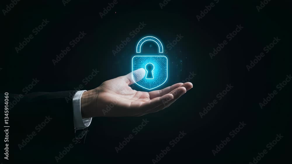 Poster man holds glowing digital lock in hand. secure network and data protection futuristic technology mot