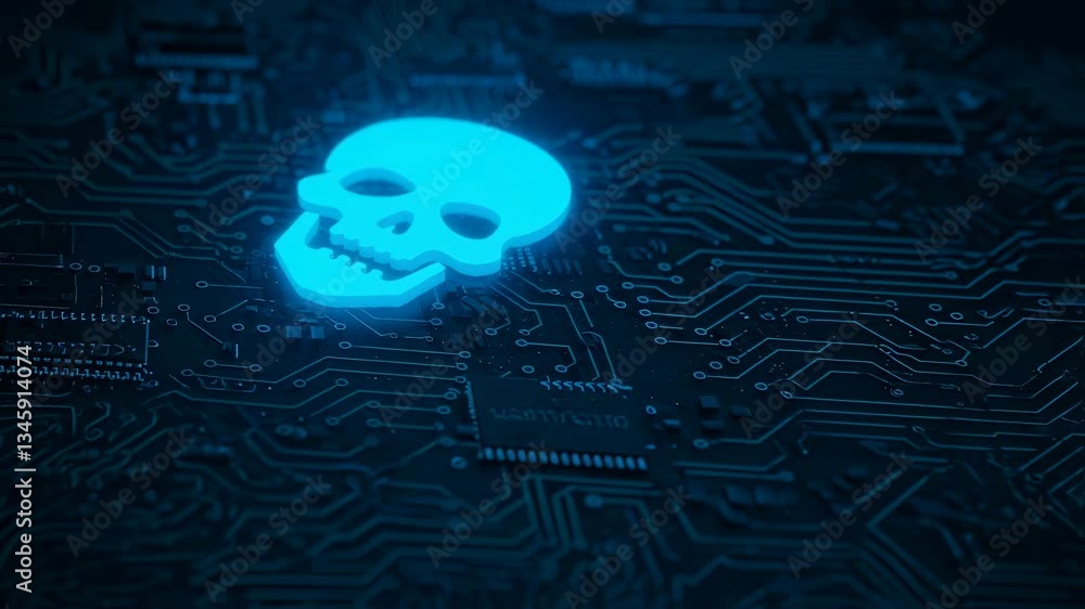 Poster cyber attack concept with glowing blue skull on circuit board. digital security threat motion pictur
