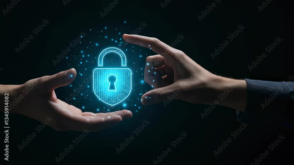 Poster hands exchanging digital security lock. data transfer and protection conceptual motion picture. cybe