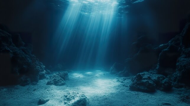 Sunlight streams illuminating the underwater seascape of the ocean floor