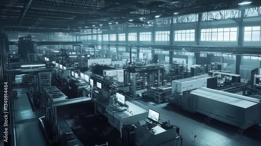 Poster high-angle view of a large factory interior with extensive machinery and production lines.