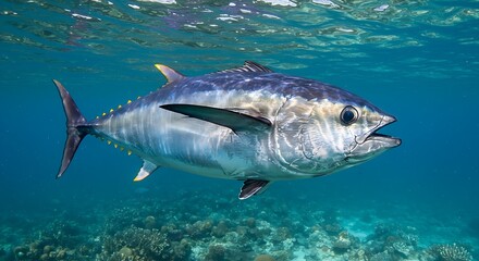 Obraz premium A large tuna fish, known for its powerful build and metallic blue and silver scales.