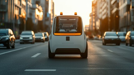 Autonomous vehicle navigating city streets at sunset modern urban environment dynamic viewpoint futuristic transportation concept