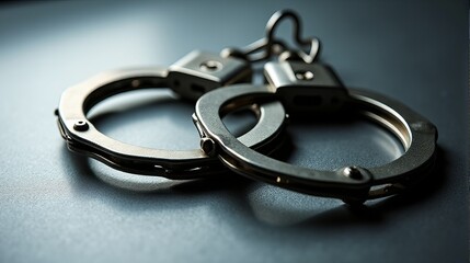 Fototapeta premium Metal Handcuffs Close Up on Dark Surface Law Enforcement and Justice