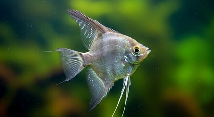 A freshwater angelfish with elegant, triangular fins and a shimmering silver body.