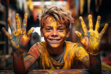  A boy with painted hands looks beautiful and happy