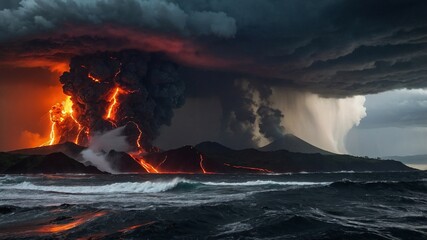 The clash of natural forces. A stormy sky meeting an active volcano.