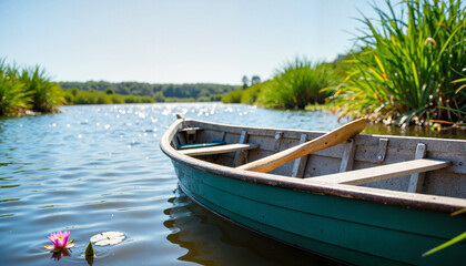 Obraz premium Serene wooden rowboat resting on calm river, nature tranquility