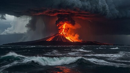 Fototapeta premium The clash of natural forces. A stormy sky meeting an active volcano.