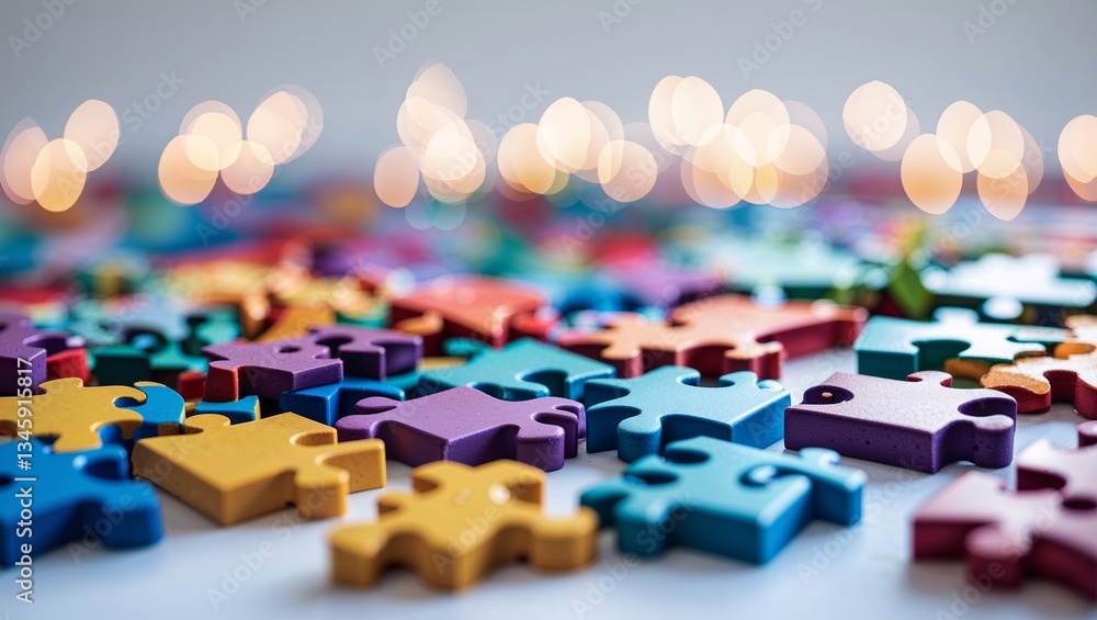 Poster colorful puzzle pieces scattered on a surface with soft lighting creating a playful atmosphere
