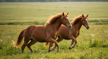 two brown horses with long hair running in the meadow, their hair blowing in the wind