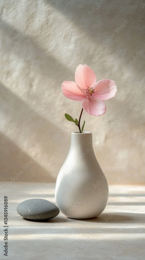 Poster a graceful cherry blossom rests in a smooth, white vase on a gentle surface, with soft shadows and n
