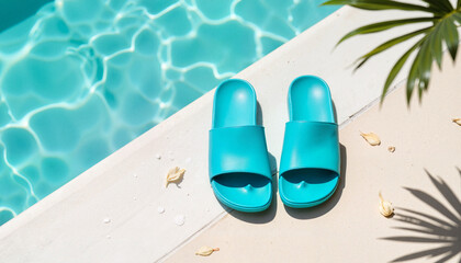 Vibrant aqua sandals on wet concrete by swimming pool, summer relaxation