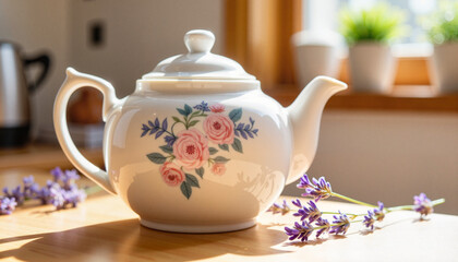 Elegant porcelain teapot with lavender on wooden table, serene ambiance